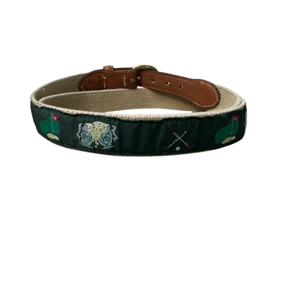 Barrons-Hunter Golf Motif Canvas Leather Belt Green Tan Solid Brass Buckle USA